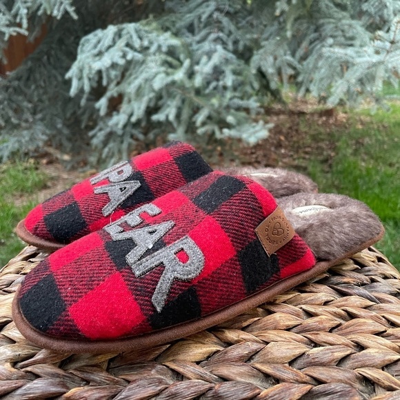 Mens Red & Black Plaid “PAPA BEAR” Indoor/Outdoor Hard sole Scuff Slippers 7/8 - Picture 3 of 7